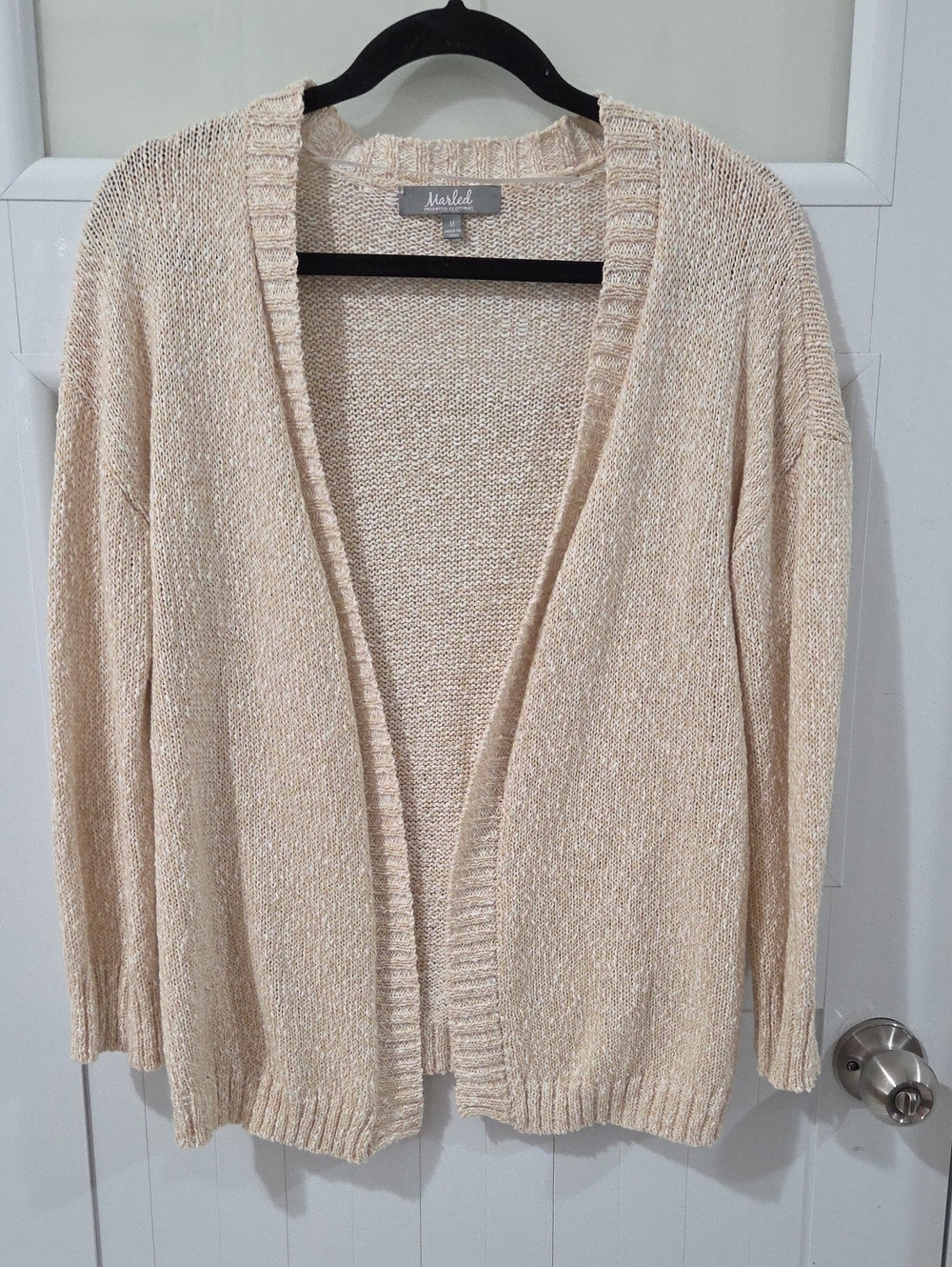 Marled Open-Front Knit Cardigan in Light Beige